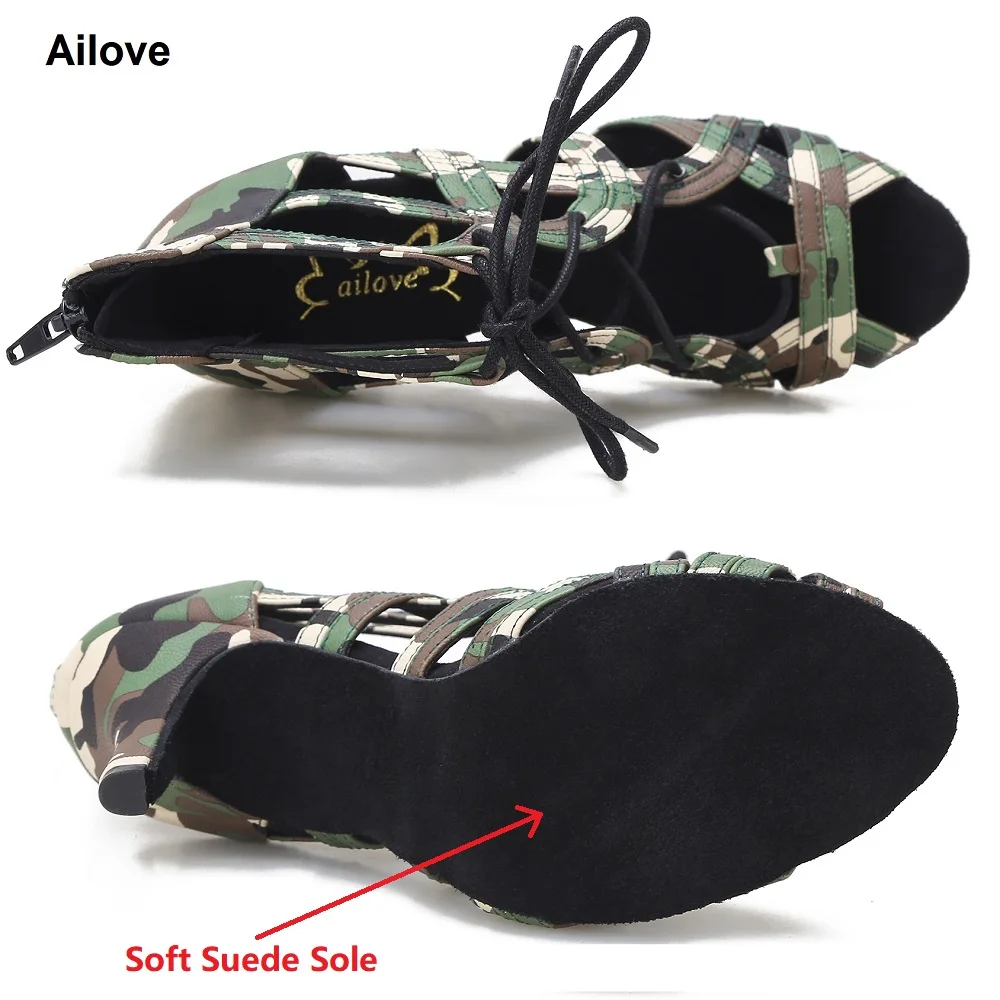 Ailove-zapatos de baile de salón para mujer, sandalias con cordones al tobillo, verde militar, Camuflaje, PU, fiesta Social, boda, S014
