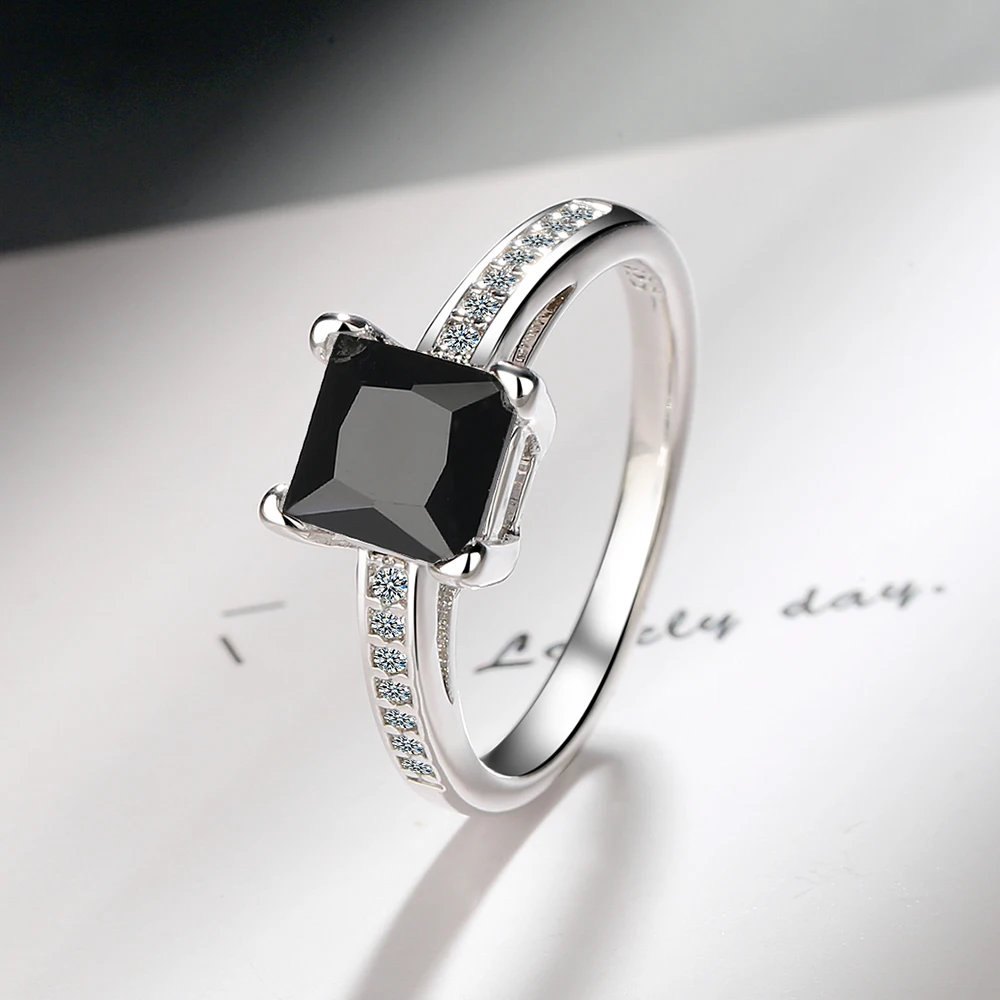 Exquisite 925 sterling silver iridescent zircon ring, sizes 5-10, four-prong square diamond, elegant jewelry gift for goddesses.