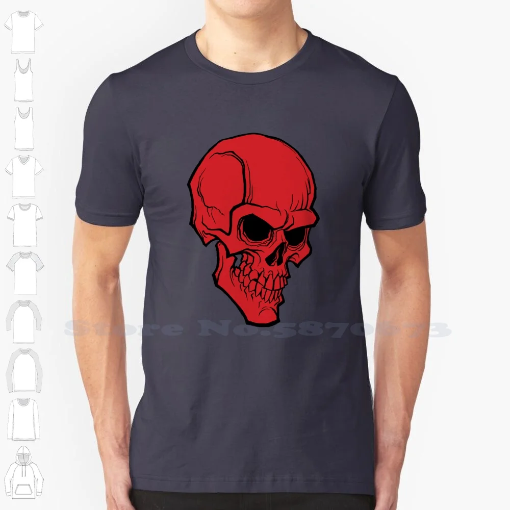 Skull 01 100% Cotton T-Shirt Skull Line Art Red Illustrated Art