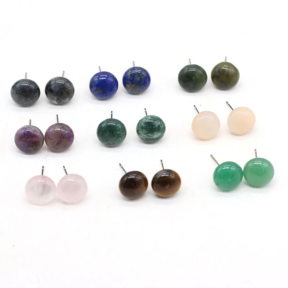 2023 Round Natural Stone Stud Earrings Crystal Rose Quartz Amethyst Malay Jade Agate Tiger Eye Earring for Women Wedding Jewelry