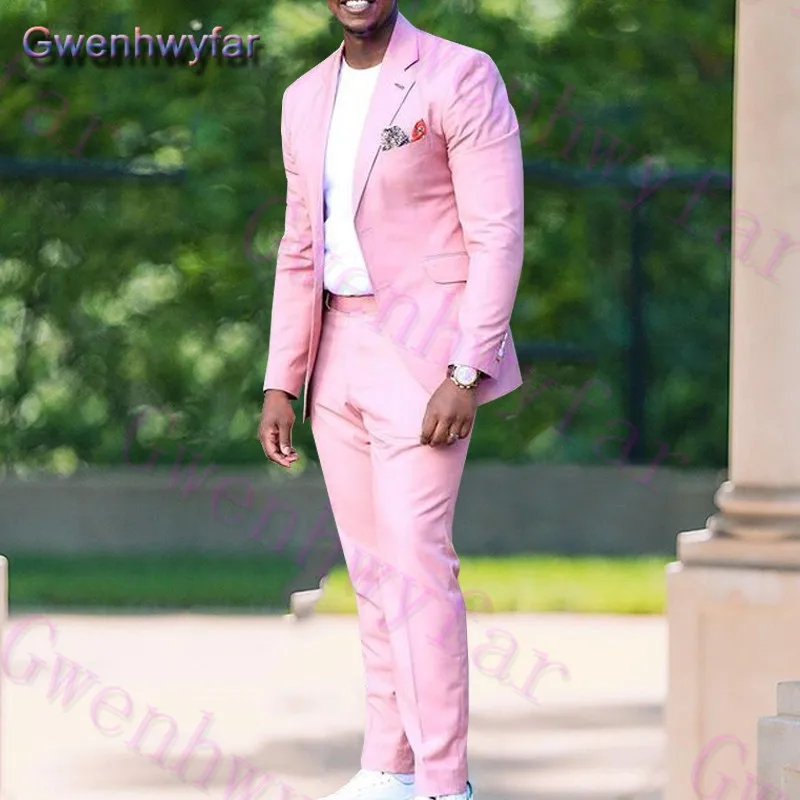 

Gwenhwyfar Men's Pink Wedding Suit, Custom Made Notched Lapel Single Breasted Terno Masculino, Solid Slim Fit Groomsmen Tuxedos