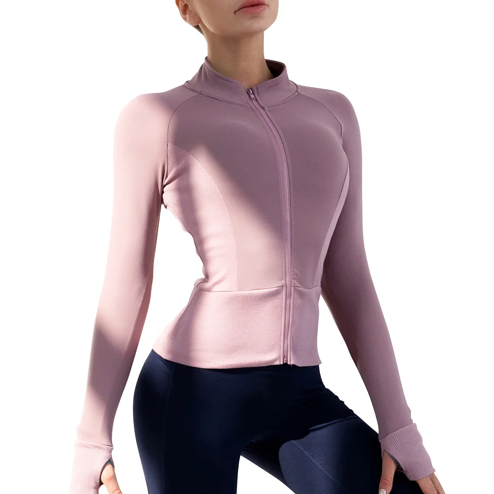 

Women Sport Jacket Full Zipper Long Sleeves Thumb Holes Coat Rib Slim Daily Running Yoga Tops