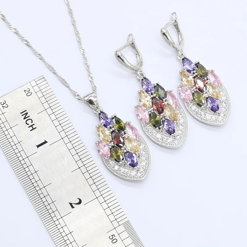 Multicolor  Zircon Silver Color Jewelry Sets for Women Bracelet Earrings Necklace Pendant Ring Gift Box