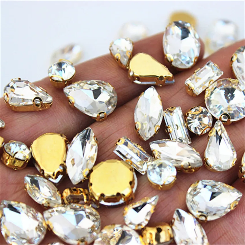 Micui 30pcs Mixed Shape Crystal Glass Golden Stainless Steel Claw Rhinestone Clothing Applique Stones Flat Back Sew on DIY MC776