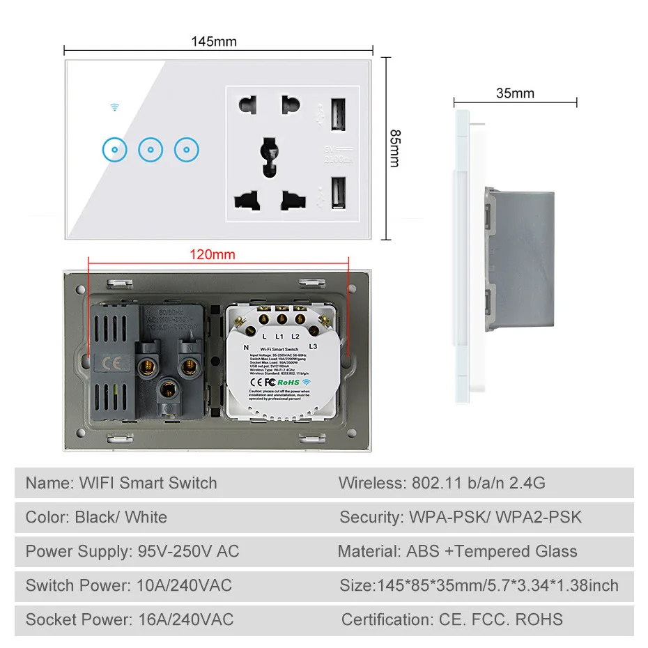 Tuya Smart Life 1/2/3 Gang Smart Touch Light Wall Switch WiFi Universal Socket with USB Charger Compatible Google Home Alexa