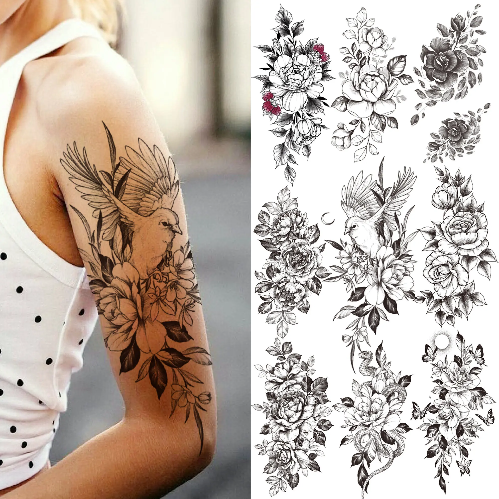 

Bird Flower Temporary Tattoo For Women Girls Black Peony Dahlia Rose Tattoos Sticker Fake Tiger Snake Waterproof Tatoos Armband