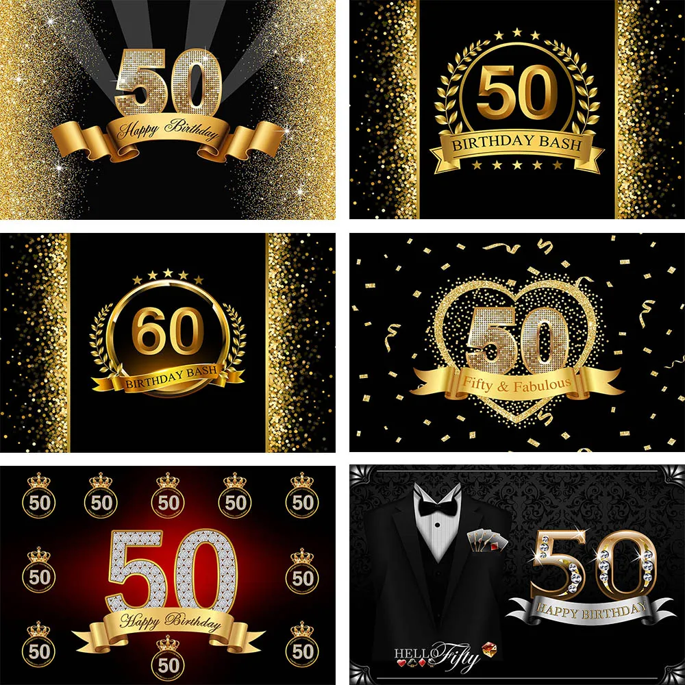 Avezano 50th 60th 80th Adults Birthday Party Backdrops Black Golden Crown Glitter High Heel Decoration Photography Backgrounds