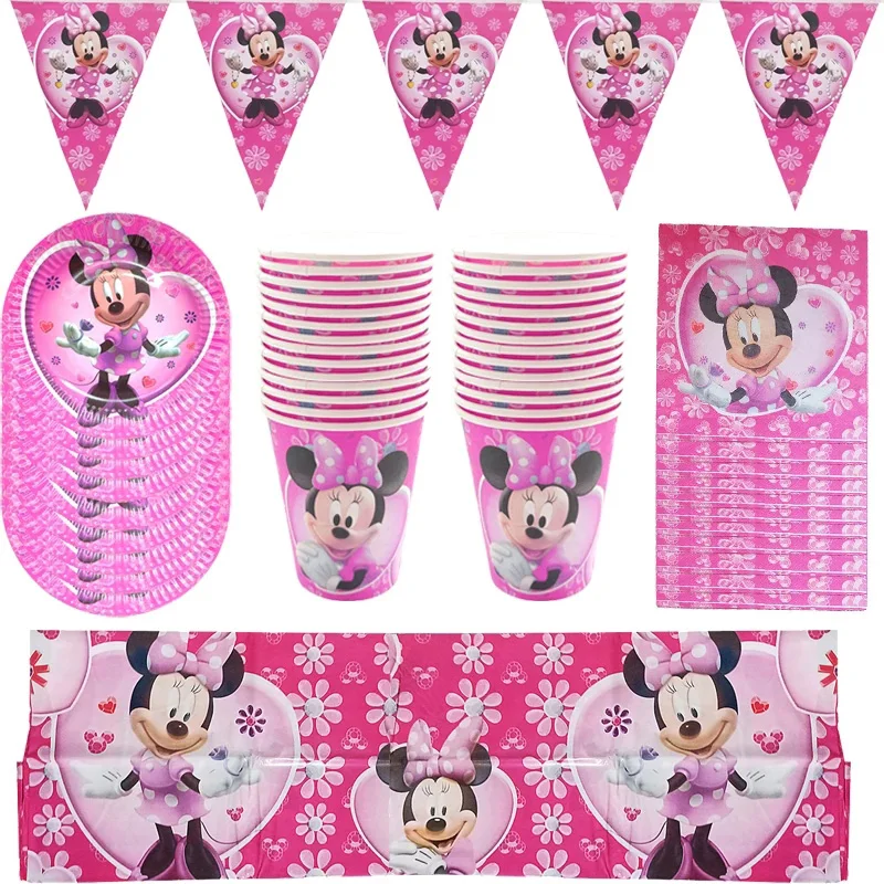 8/16 People Minnie Mouse Party Disposable Party Supplies Decoration Cups Plate Pennant Tablecloth Combination