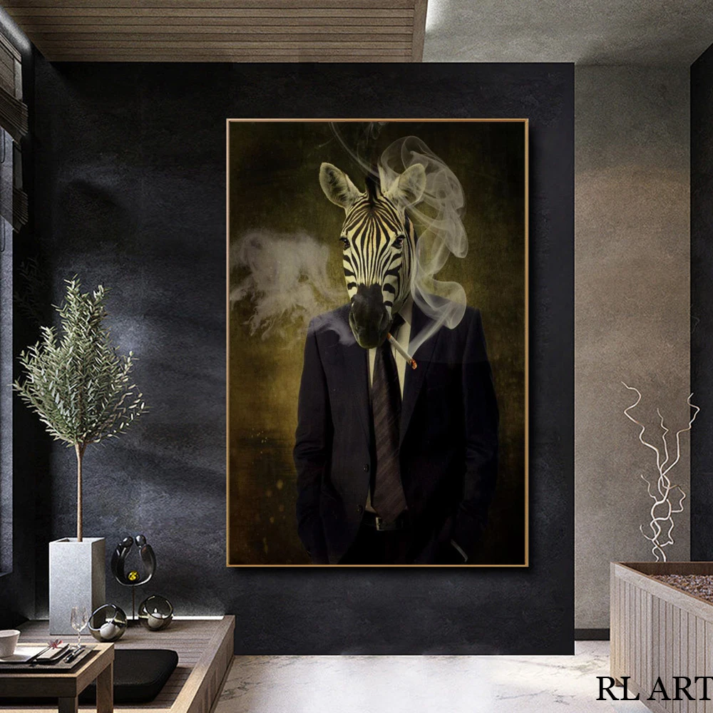 Modern Animal Portrait Posters and Prints, Wall Canvas Art, Mr Zebra Smoking in a Suit Picture for Living Room, Home Decor