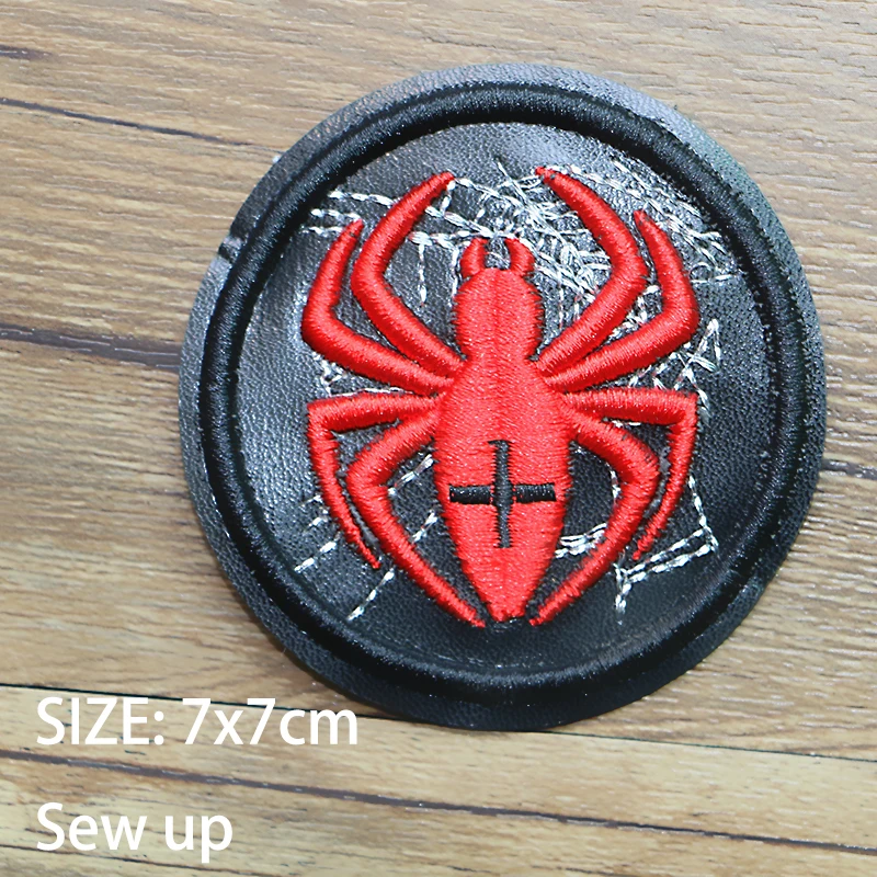 Parches de apliques bordados de cuero Pu con icono redondo para ropa, insignia de coser DIY en la mochila, avión, águila, Araña, letras