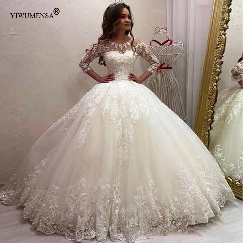 Vestidos De Novia De tul con mangas De princesa, estilo árabe saudita, con apliques De encaje, talla grande, 3/4, 2020