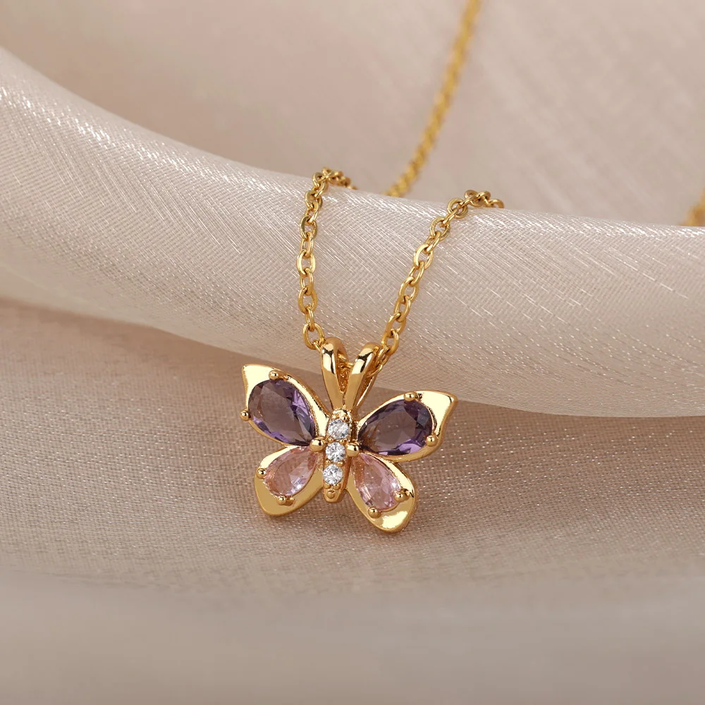 Zircon Butterfly Pendant Necklace For Women Gold Color Stainless Steel Necklaces Couple Aesthetic Jewelry Freeshipping Items BFF