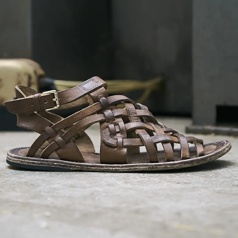 Luxury Handmade Gladiator Mens Cross Straps Cowhide Genuine Leather Sandals Vintage Open Toe Beach Sandals Buckle Male Shoes