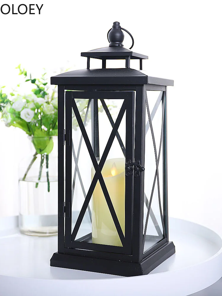 Large Glass Candle Holders Wedding Decorations Garden Black European Lamp Retro Iron Candle Holder Lantern Outdoor Christmas New