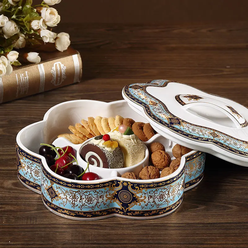 

Bohemian Blue Divided Ceramic Plate European Classical Large Flowers Snacks Fruit Plates with Cover Home Afternoon Tea Tableware