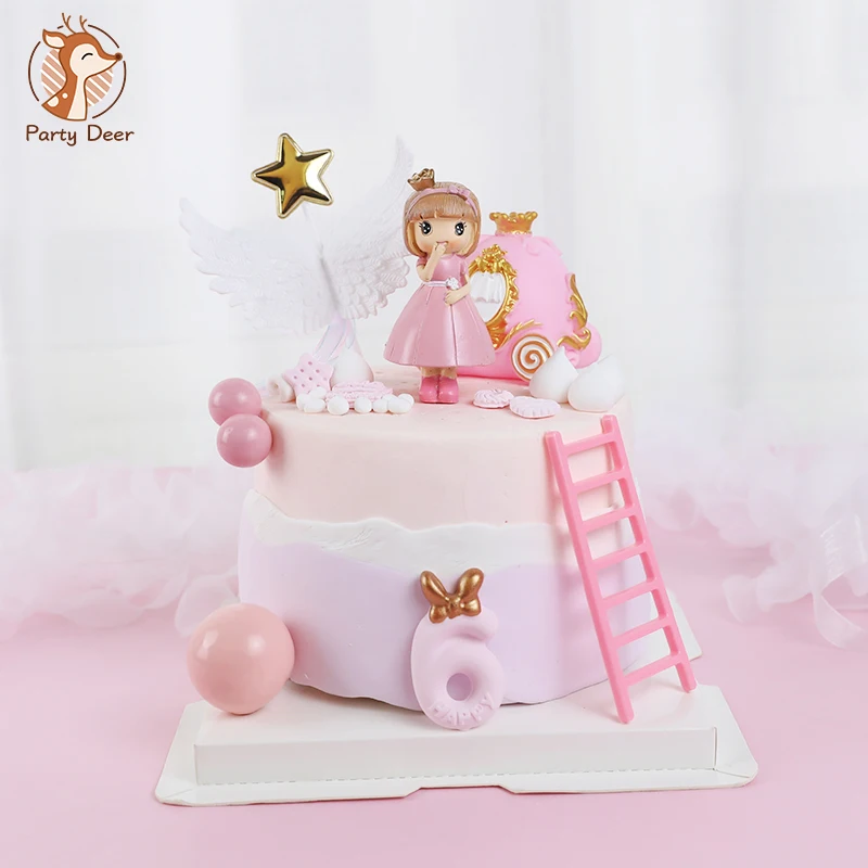 Pink Castle Girl Bow little Princess pumpkin car Girl's Happy Birthday Cake Topper Kid Party Supplies Pink Love Gifts
