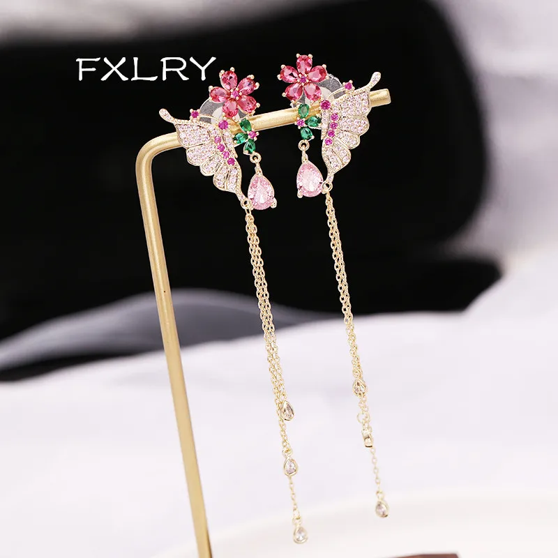 

FXLRY Elegant Butterfly Drop Earrings Colored Zircon Cubic Zirconia Wedding Earrings For Women Jewelry