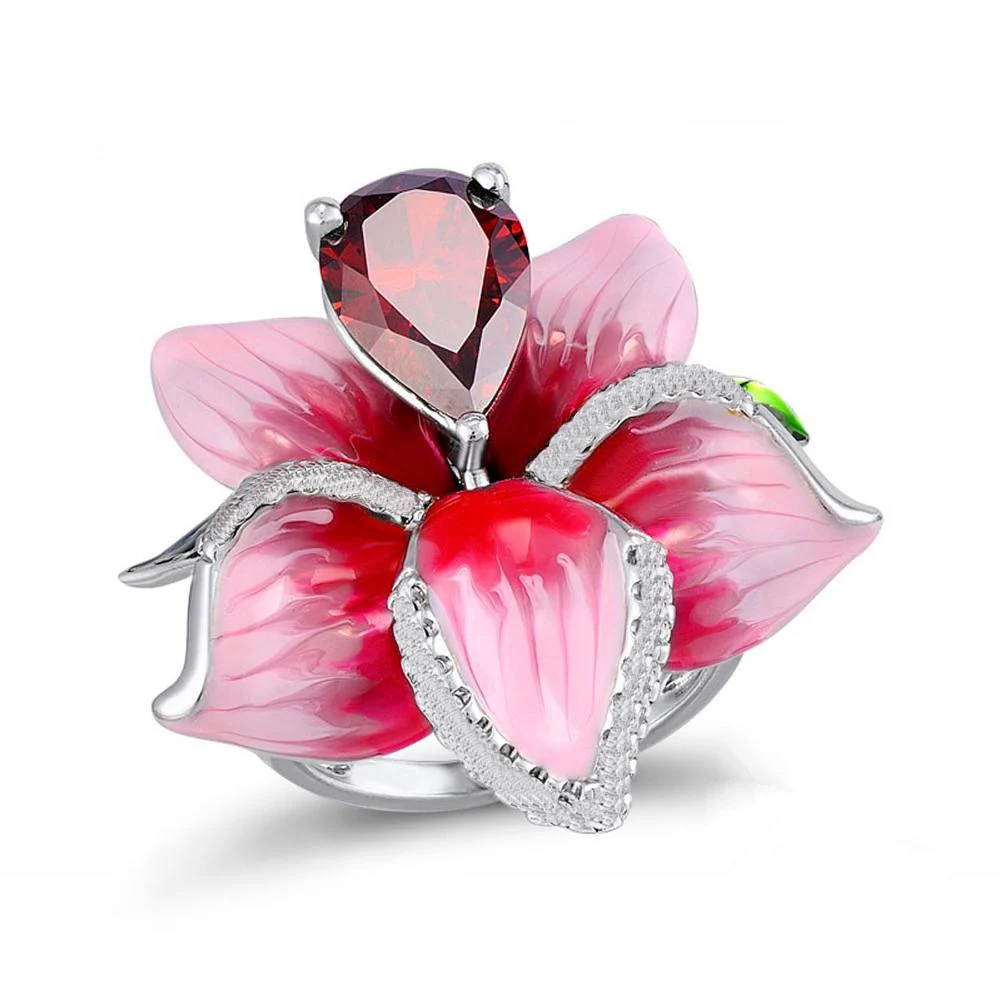 Red Flower Bling Zircon Stone Plant Luxury Rings for Women Cute Wedding Anillos Engagement Fashion Party Statement Jewelry 2019