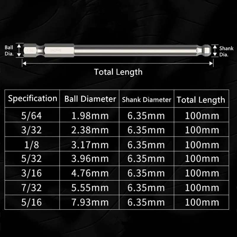 7Pcs/set 100mm SAE Inch Ball End Hexagon Screwdriver Bits 5/64\