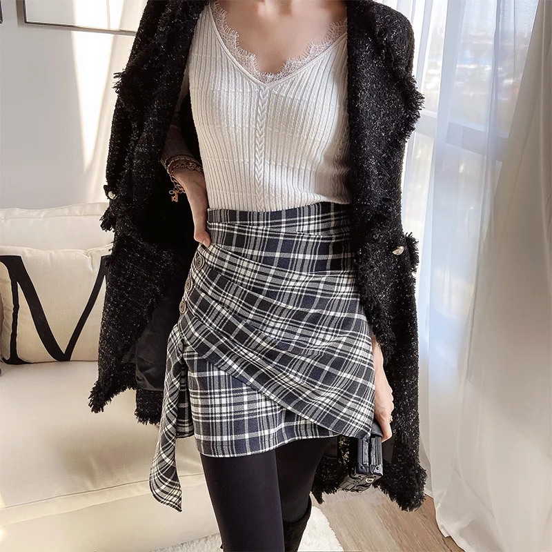 Dabuwawa Elegant Asymmetrical Plaid Skirt Women Pleated Mini Skirts Female Fashion Design Streetwear Skirts Ladies DT1CSK007