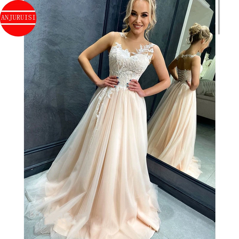 

Light Champagne Wedding Dress 2021 A-Line Scoop Neck Backless Lace Appliques Tulle Court Train Bridal Gown Vestidos De Noiva