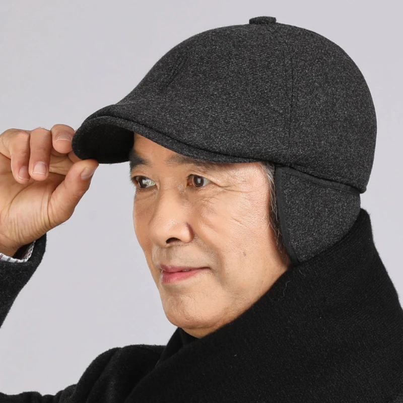 Berets Autumn Winter Hat Men Wool Beret Cap Male Thick Warm Ivy Octagonal Newsboy Flat Cap Father Dad Hat with Ear Flaps