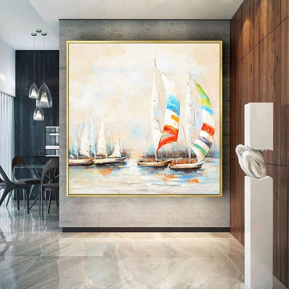 

100%Hand-Painted Oil Painting Mediterranean Landscape Ship Sea View Large Size Canvas Wall Art for Home living room Office Decor