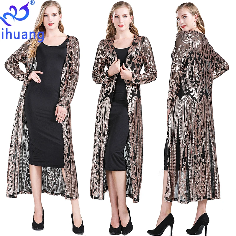 Fashion New Women\'s Clothing Long Sequin Open Front Long Sleeve Mesh Cardigan Blouse Cover Coat Evening Prom Party Tops Gift