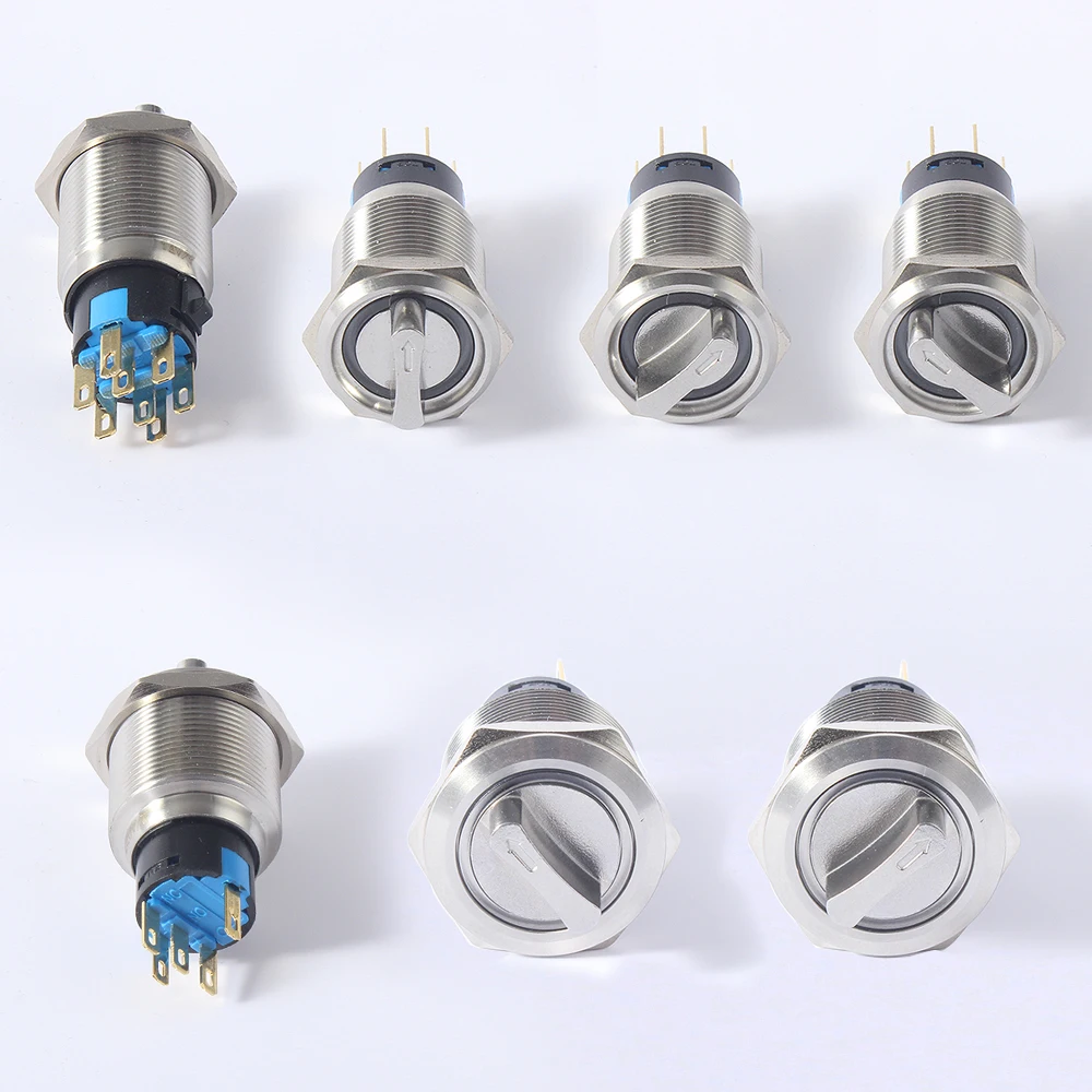 19mm 22mm Metal Rotary Button Brass Latching 2Position 3Position Switches Button Rotary 2NO2NC NONC ON OFF Button With/No LED