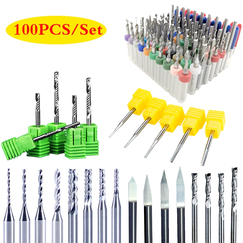 100PCS/set 1 Flute 2 flutes sprial straight Milling Cutter Router Bits V Shape Engraving Bits PCB Drill bit endmill cutter