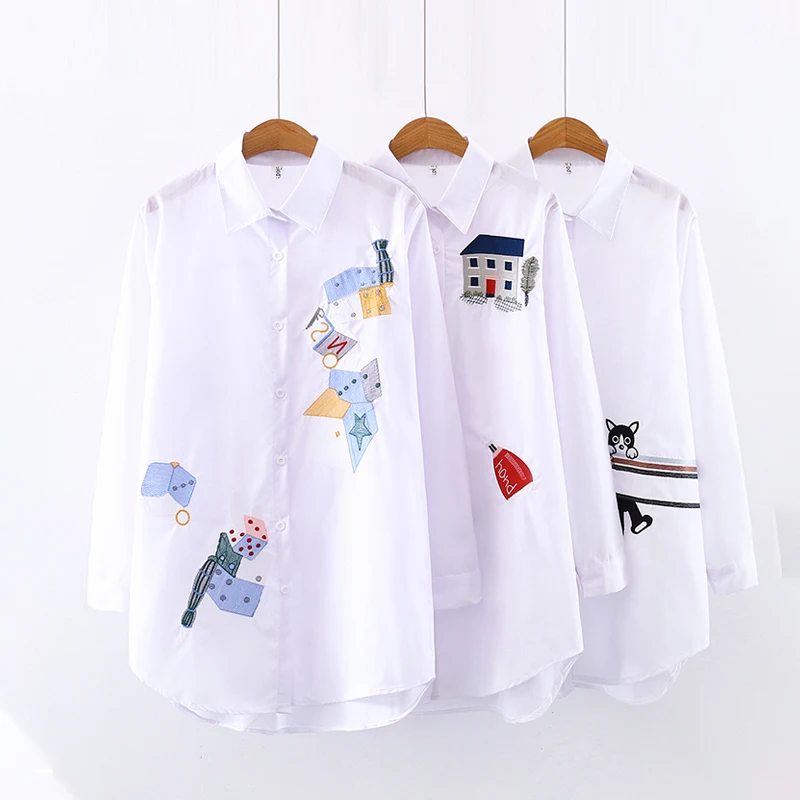 2020 NEW White Shirt Casual Wear Button Up Turn Down Collar Long Sleeve Cotton Blouse Embroidery Feminina HOT Sale T8D427M