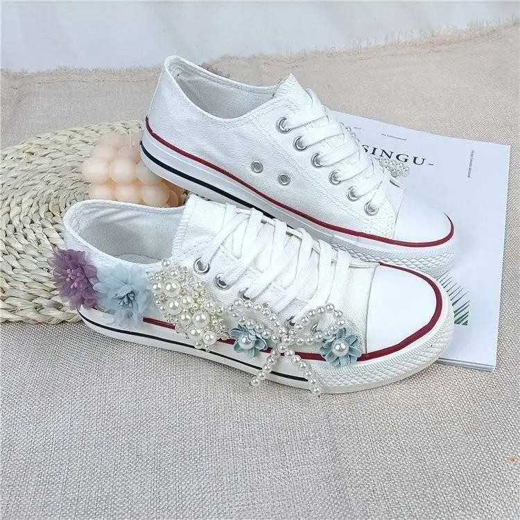 Girls Canvas Shoes Women\'s Spring/Autumn Casual Shoes Pearl Flower Fashion Flat Ribbon Lace-up Comfortable Vulcanized Shoes