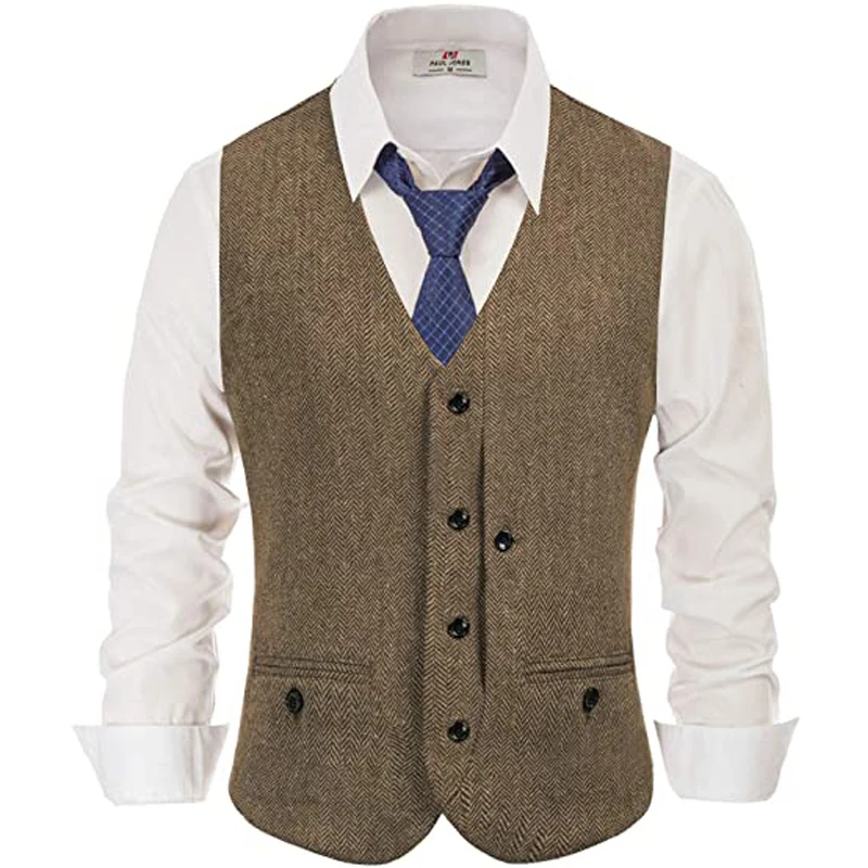 Mens Suit Vest Irregular Buttons V Neck Wool Tweed Herringbone Silm Fit For Formal Casual Daily Men's Vest Clothing 2021