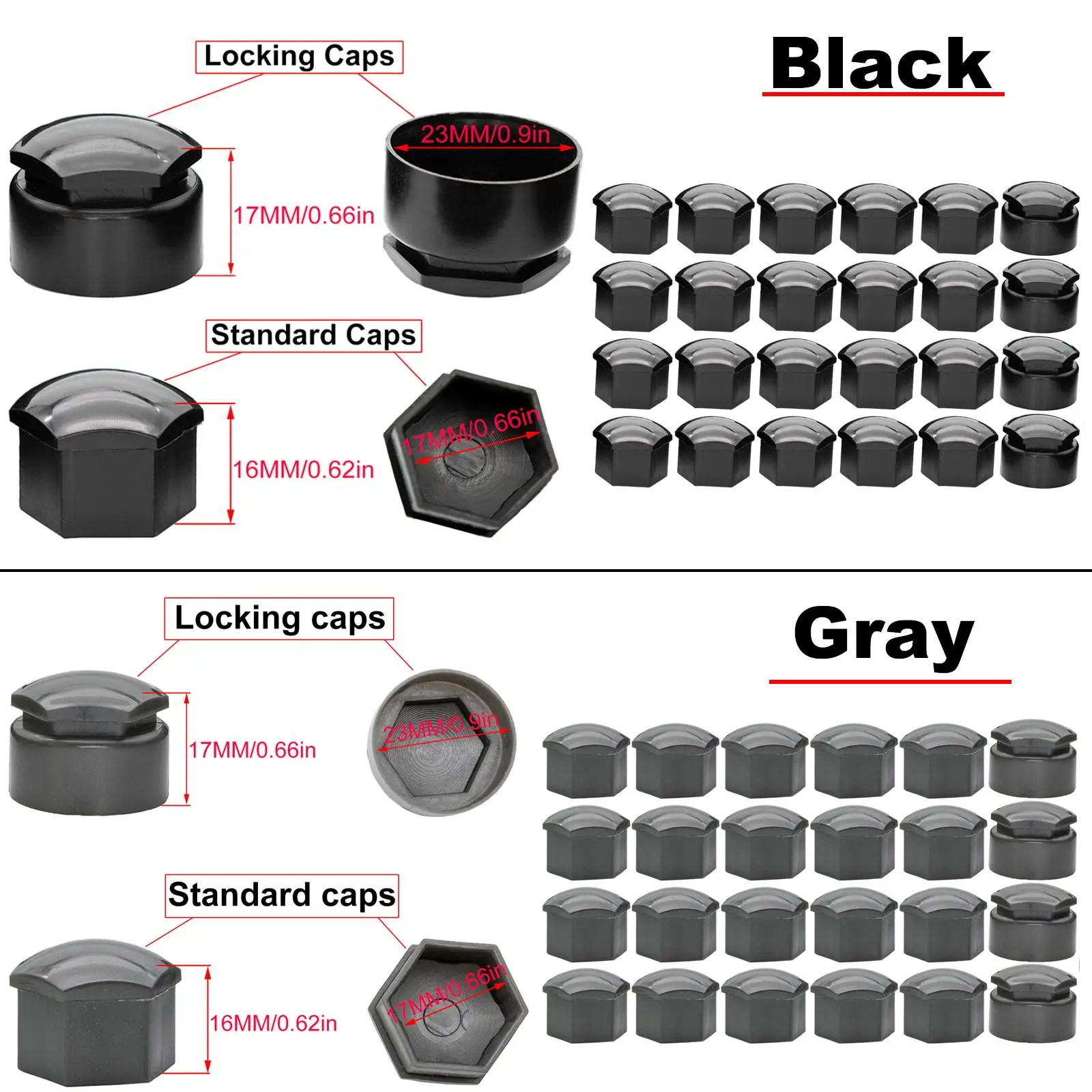 17MM 24Pcs Black/Grey Car Wheel Nut Cap Protection Covers Caps Tool Anti-Rust Auto Hub Screw Cover Tyre Bolt Exterior Decoration