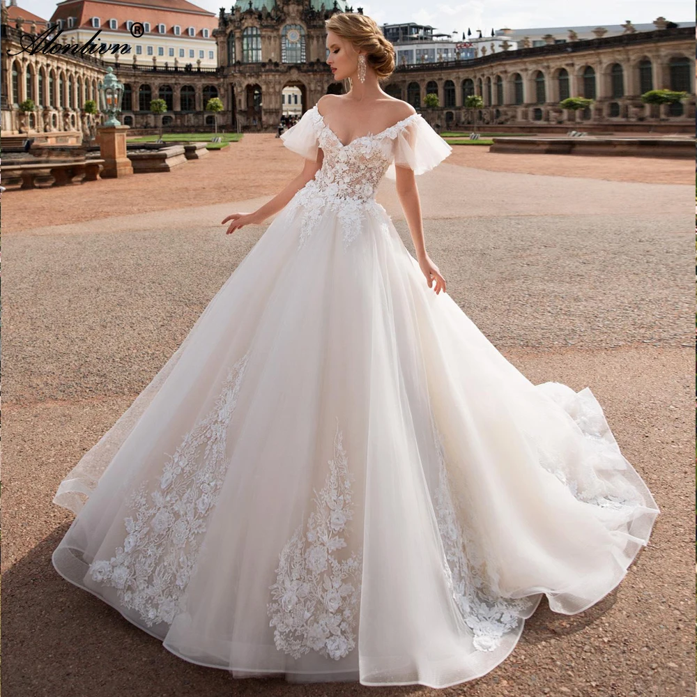 Alonlivn Beading 3D Floral Prints A-Line Wedding Gowns V-Neck Puffy Sleeves Delicate Bridal Dresses