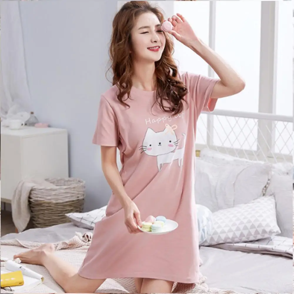 Nachtwäsche Frauen Baumwolle Pyjamas Kleid Sommer O Hals Kurzarm Nette Kamera Katzen Nachthemd Nachthemd Bademantel Kleid пижама