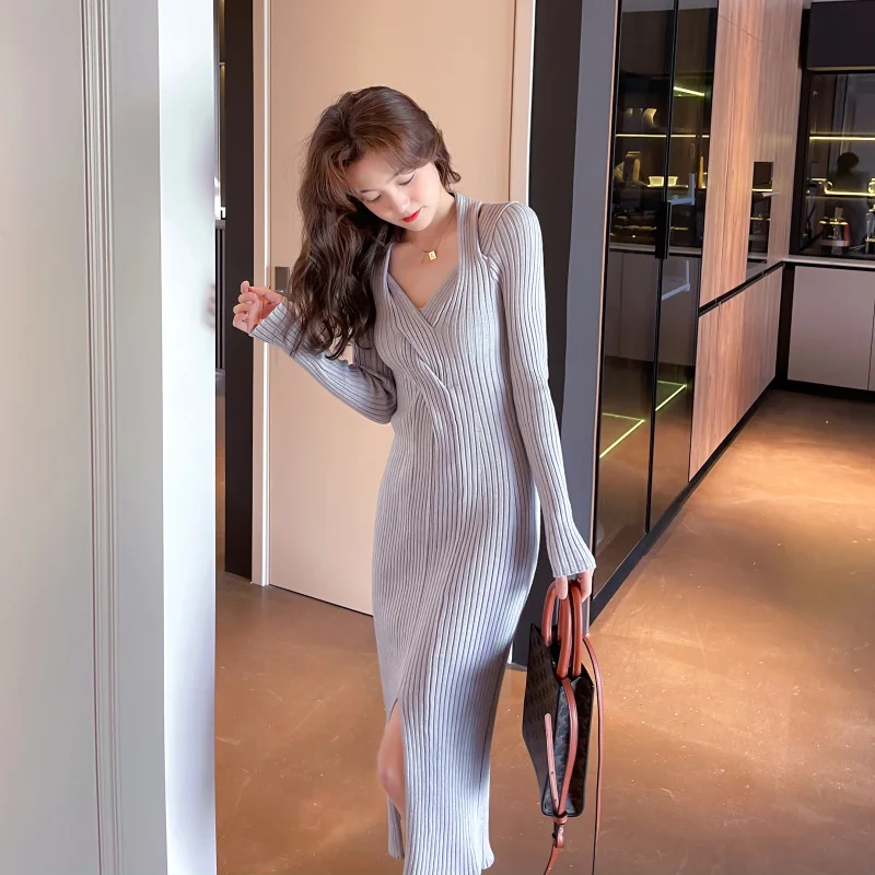 

Womens Long Dress Knit Sweater Dresses Autumn Winter Off shoulder Split Women Maxi Dresses