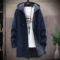 Mens Long Knit Cardigan Autumn Winter Sweater Coat Fleece Heavy Hooded Trench Coat Solid Chenille Men's Fashion Jacket 6
