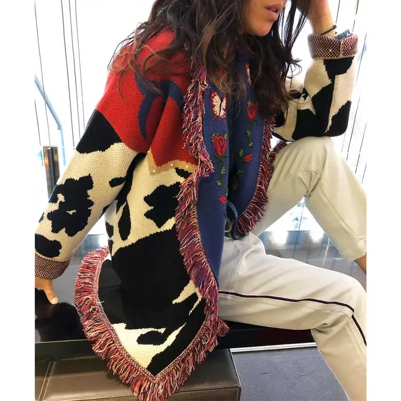 YAMDI Multicolour Oversize cardigan women shawl lapel cardigans sweaters embroidered knitwear outwear 2020 new autumn winter