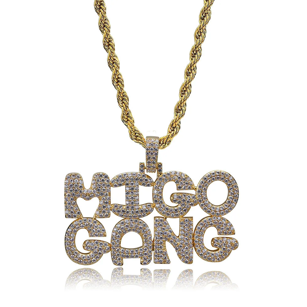 

18k Gold Plated Lab Diamond Necklace Iced Out Letter MIGO GANG Pendent Hip Hop Chain for Men Women