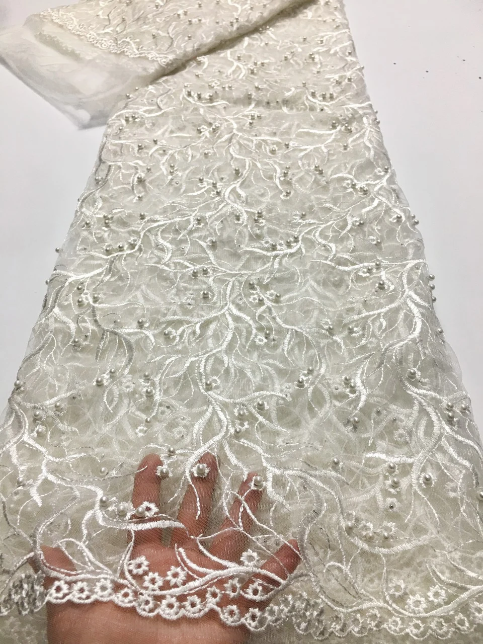 

African Beaded Lace Fabric Embroidered Nigerian Laces Fabric 2021 High Quality Off White French Tulle Lace Fabric For Women