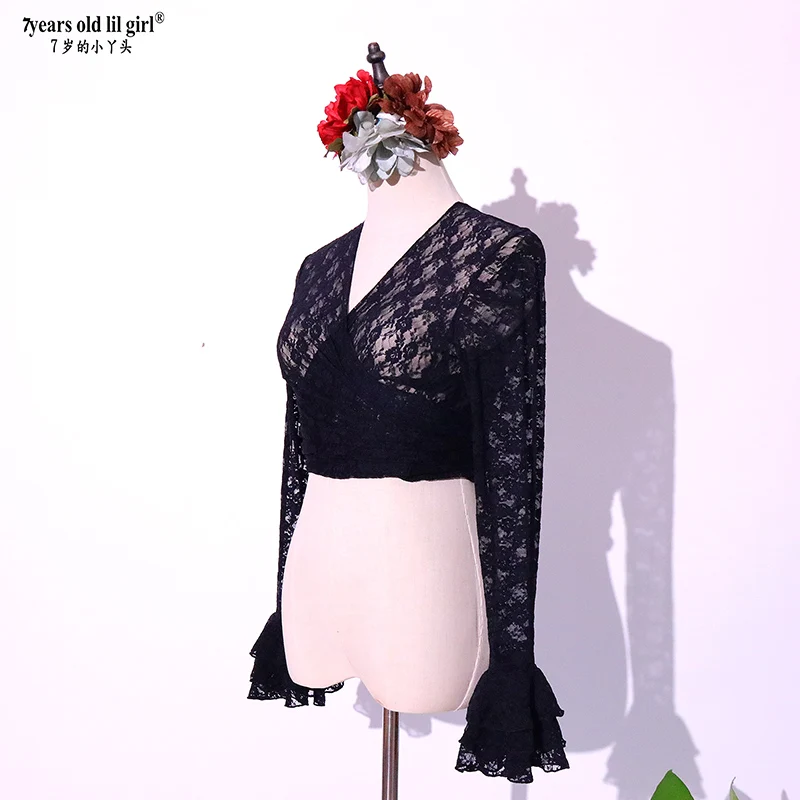 女性用フラメンコレーストップ、ラップタイシャツ、シャーリングスタイルスリーブ、euu16