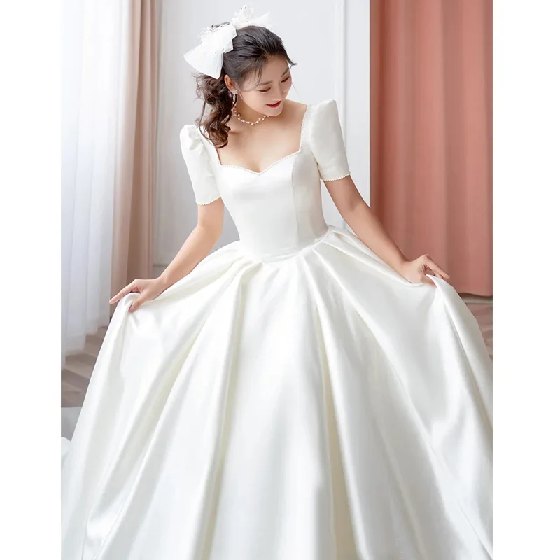  Luxury Satin Wedding Dress Pure White With Train Simple Bridal Ball Gown Plus Size Custom Made Lace Up Vestido Customized