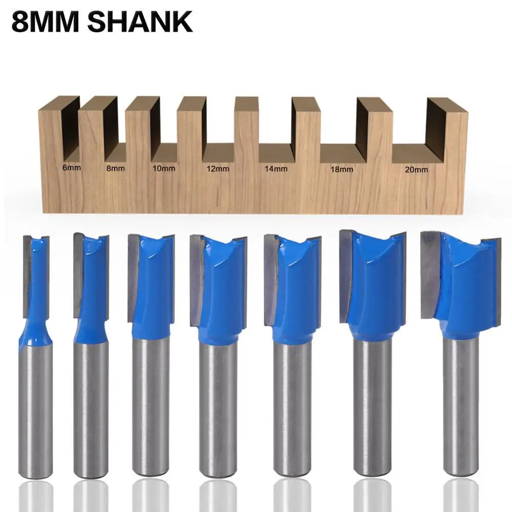 7pcs 6/8/10/12/14/18/20mm Cutter 8mm Shank Straight Woodworking Router Bit Set Wood Cutter  Cutting Diameter Milling Cutter Tool