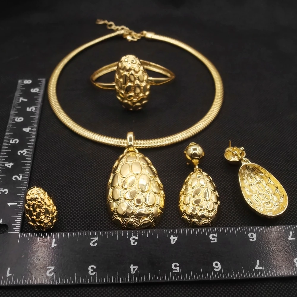 18K Gold Plated Oval Pendant Necklace Jewelry Set High Quality Elegant Woman Party Earrings African Bridal Rings Free Shipping