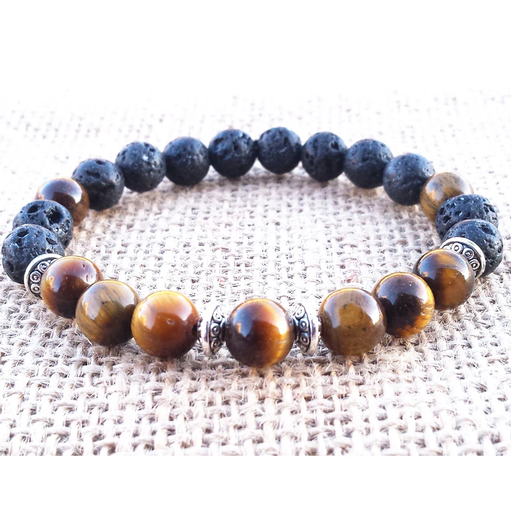 Ruberthen Mens 8 MM Tigers Eye Bracelet Lava Stone Energy Bracelet Spiritual Meditating Yoga Bracelet Wrist Mala Jewelry