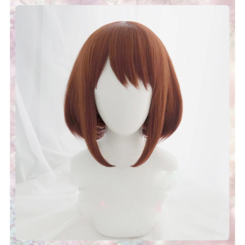 Anime My Hero Academia Ochako Uraraka Wigs Short Brown Bob Heat Resistant Cosplay Costume Wig + Wig Cap