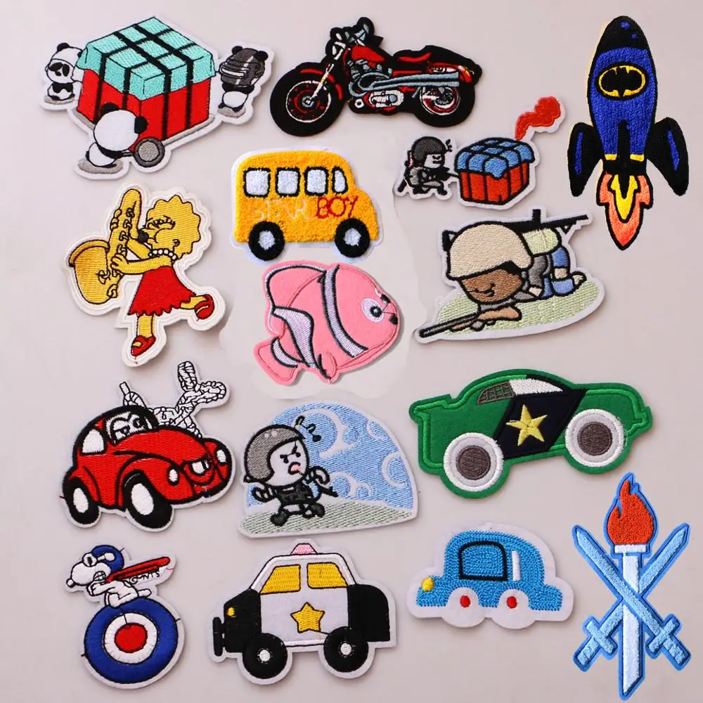 

Cute cartoon Car Rocket Fish icon Embroidered Iron on Patches for Clothing DIY Stripes Clothes Patchwork Stickers Custom Badge