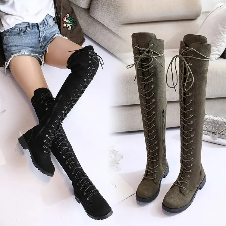 Women Over Knee Boots Girl Round Head Fastened Female Boots Frenulum Square Heels Boots Hot sale 2021