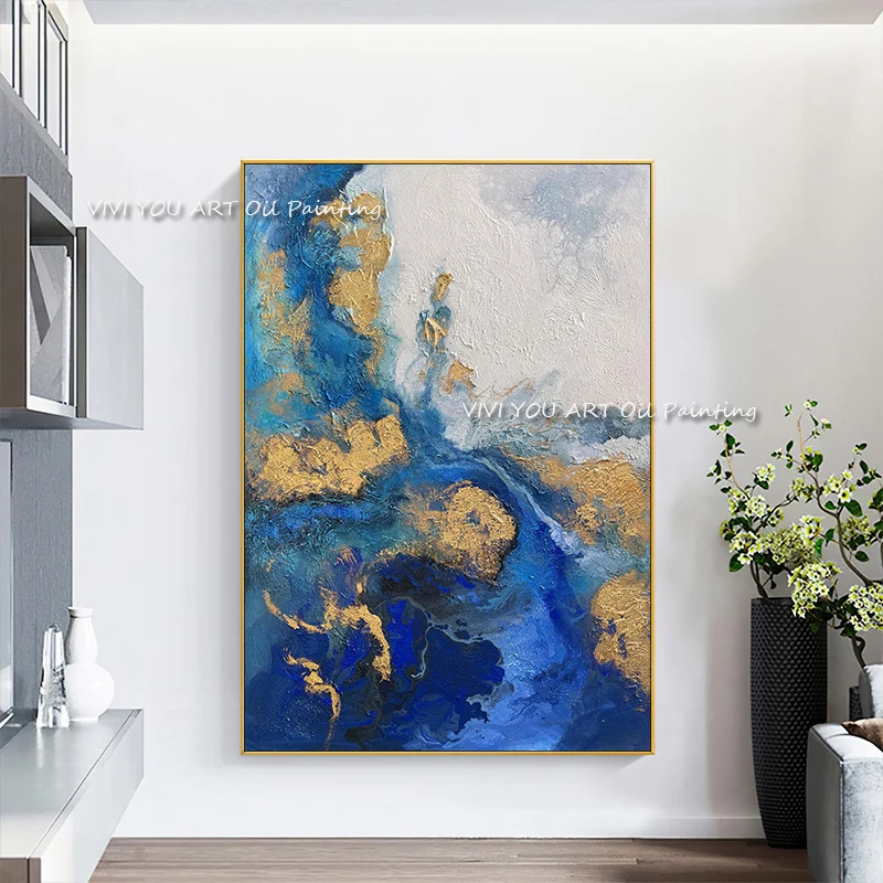 Marble‑Style Ocean Wall Accent, Gilded Swirling Blue Paint Layers, Hand‑Made Palette Knife Painting For Elegant Home